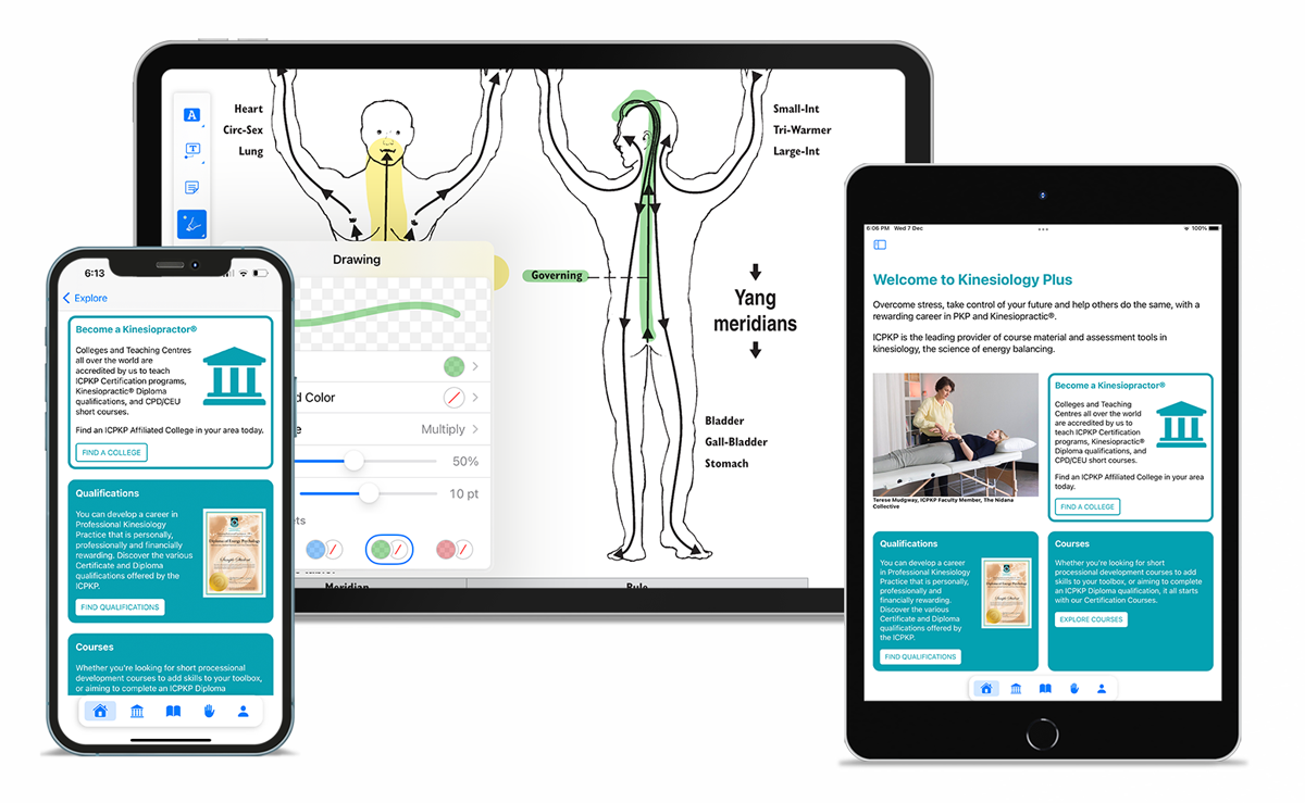 Kinesiology Plus app on various screens